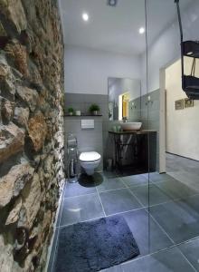 a bathroom with a stone wall and a toilet and a sink at Lika Sunset in Ličko Lešće
