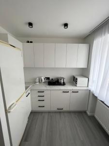 a small kitchen with white cabinets and a microwave at Cosy Cietoksnis Tūristu mitne in Daugavpils