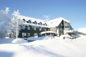 un gran edificio cubierto de nieve delante en Hotel Auerhahn, en Masserberg