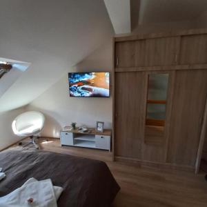 a bedroom with a bed and a tv on the wall at Central Pécs Bea&Tom in Pécs