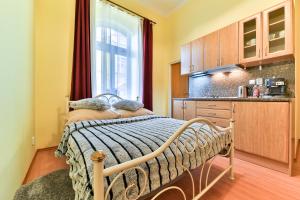 玛丽亚温泉Anzio apartments的一间带厨房内的床铺的卧室