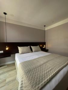 a bedroom with a large white bed with two pillows at Hotel Grand Galaxie in Caracas