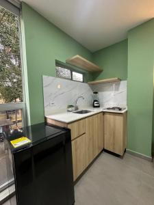 a kitchen with green walls and a sink and a window at Amaranto Suites in Medellín