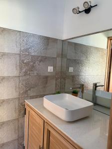 a bathroom with a large white sink on a counter at Equinox Rooftop Studio in La Gaulette