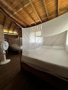 El ValleにあるHotel Don Aíのファン付きの客室の白いベッド1台分です。