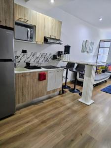 eine Küche mit Holzschränken und einer Arbeitsplatte in der Unterkunft Modern Loft 511 in Centro Historico Centro Vivo in Las Victorias