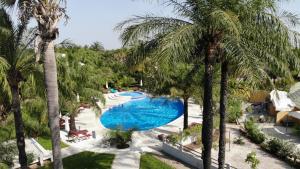 an overhead view of a resort pool with palm trees at Nibissawe Beach and Pool Villa in Cap Skirring