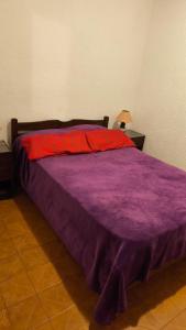ein violettes Bett mit einer lila Bettdecke in einem Schlafzimmer in der Unterkunft Dúplex Complejo “Poker” in Villa Gesell