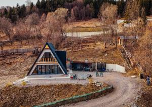 TrăisteniSunrise View Chalet的山丘上小房子的顶部景色