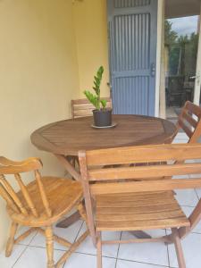 a wooden table with two chairs and a potted plant at bienvenue a la maison in Sainte-Marie