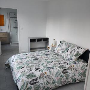 - une chambre avec un lit doté d'un couvre-lit coloré dans l'établissement Appartement Cosy avec place de parking privée, au Mans