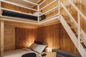 a room with a bunk bed and a couch at Villa Apartman in Makó