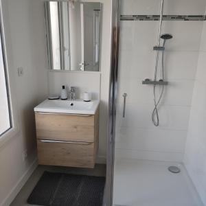 une salle de bain blanche avec un lavabo et une douche dans l'établissement Appartement Cosy avec place de parking privée, au Mans 2 autres photos