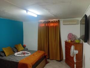 a bedroom with a bed and a dresser and a television at Gite Oiseau du Paradis in Le Marin