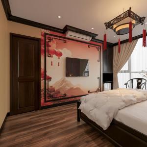 a bedroom with a large bed and a large window at Dal Vostro Vinhomes Ocean Park 2 in Ðình Loan