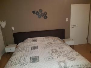 ein Schlafzimmer mit einem Bett, auf dem eine Decke liegt in der Unterkunft Elsbach-Perle in Oberelsbach