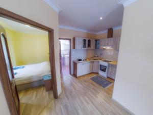 a room with a bed and a kitchen with at Apartmany Orava in Martinske Hole