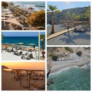 a collage of four pictures of a beach at "IRO HOUSE" 600m from the beach in Gerani