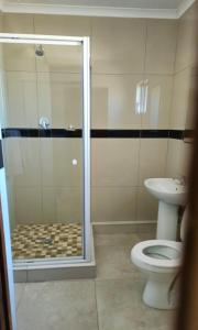 a bathroom with a shower and a toilet at Phelelani Lodge Jozini in Jozini