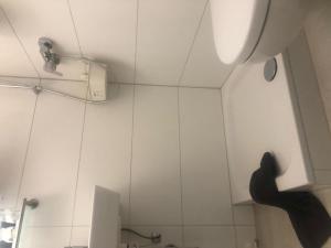 a bathroom with a shower and a toilet in it at Ferienwohnung Folke-Bernadotte in Lübeck