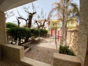 贝瓦尼亚圣彼得Villa Sul Mare的庭院,庭院里长着长凳和树木,还有一座建筑