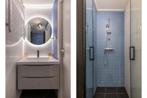 BiggekerkeにあるWelcome in - WoesteHoeve Sfeervol Vakantiehuisje in Zeeland aan Zee, Dicht bij Strand & Natuurのバスルーム(シンク、シャワー付)の写真2枚