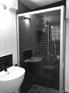 a black tiled bathroom with a shower and a sink at uffington studio pet friendly garden setting in Daylesford +16 photos