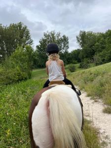 a little girl riding on the back of a horse at Maison d'hôtes De La Boissière in Andillac