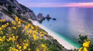 a view of a beach with yellow flowers on a hill at La Casa Bianca in Camerano