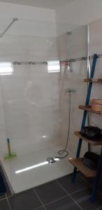 a bathroom with a shower with a bath tub at Le Cocon des Oiseaux in Lamonzie-Saint-Martin