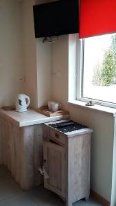 a small kitchen with a stove and a window at Studio Nina in Raba Wyżna