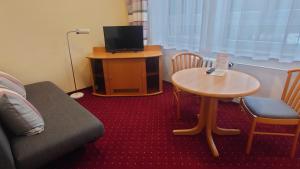 Zimmer mit Sofa, Tisch und TV in der Unterkunft Seminarhaus Europäische Akademie in Waren (Müritz)
