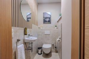 a bathroom with a sink and a toilet and a mirror at Adlerblick Deluxe Seeblick Ossiacher See in Annenheim +15 photos