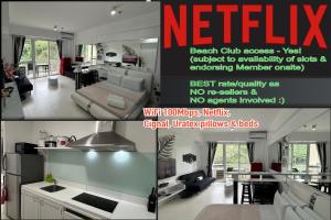 纳苏格布Beach condos at Pico de Loro Cove - Wi-Fi & Netflix, 42-50''TVs with Cignal cable, Uratex beds & pillows, equipped kitchen, balcony, parking - guest registration fee is not included的客厅和厨房的照片拼合在一起