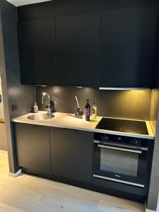 una cucina con armadi neri, lavandino e piano cottura di Exclusive Apartment at Tjuvholmen ,Luxury in the Heart of Oslo a Oslo Altre 6 foto