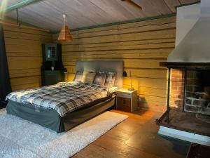 a bedroom with a bed and a fireplace at Nice ski in ski out cabin in Bollnäs