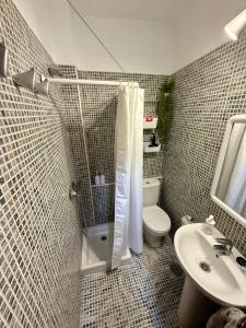 a bathroom with a shower and a toilet and a sink at Casa Chana y Domingo- Refugio con historia y vistas en Agulo in Agulo +20 photos