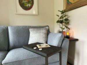 a living room with a blue couch with a table at Scenic Countryside Lodge Romantic & Pet-Friendly in Newcastle West