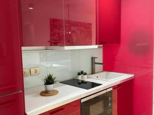 a kitchen with red walls and a white sink at Aldaba by Huskalia in Los Llanos de Aridane +3 photos