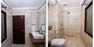 2 immagini di un bagno con servizi igienici e lavandino di HUKAM'S HOLIDAY HOME by HHH a Kasol Altre 21 foto