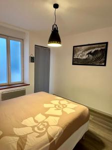 Appartement calme au cœur de la ville في لون-لو-سونييه: غرفة نوم بها سرير و قلادة خفيفة