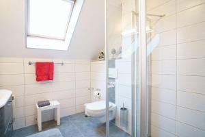 a bathroom with a toilet and a glass shower at Modernes Ferienhaus mit Kamin & Garten in ruhiger Lage in Hasselfelde