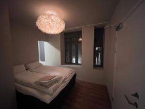 a bedroom with a bed and a chandelier at Spacious Retreat in Oslo