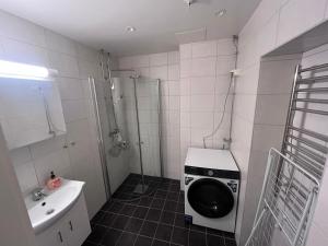 a bathroom with a washing machine and a sink at Spacious Retreat in Oslo