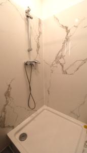 a bathroom with a shower with marble walls at Stadtjuwel Apartments 1020 Wien in Vienna
