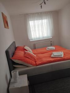 a bedroom with a bed with red sheets and a window at Apartman Ľudmila in Huncovce