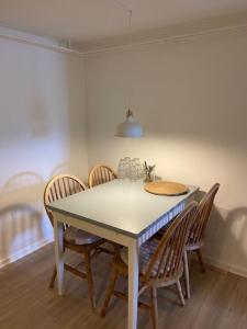 a dining room table with chairs and a light fixture at Overnatning Egsmark in Ebeltoft +13 photos