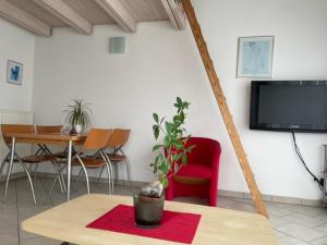 a living room with a table and a tv at Haus Lorenz, Ferienwohnungen in Immenstaad am Bodensee