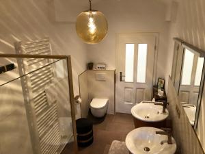 a bathroom with a toilet and a sink and a shower at Villa Petzold in Spiegelau +31 photos