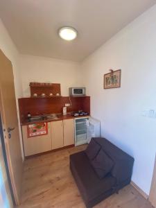 APARTMÁNOVÝ DOM U IVKY Bešeňová štúdiá في بشنوفا: غرفة مع مطبخ مع أريكة وميكروويف +11 صورة
